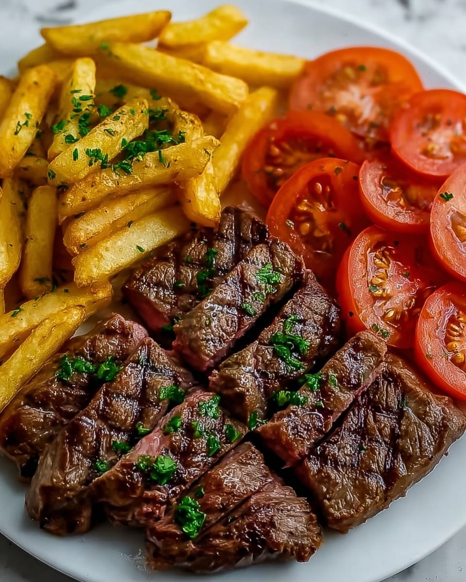 Grilled Steak with Tomato Salad and French Fries Recipe - Recipe Image
