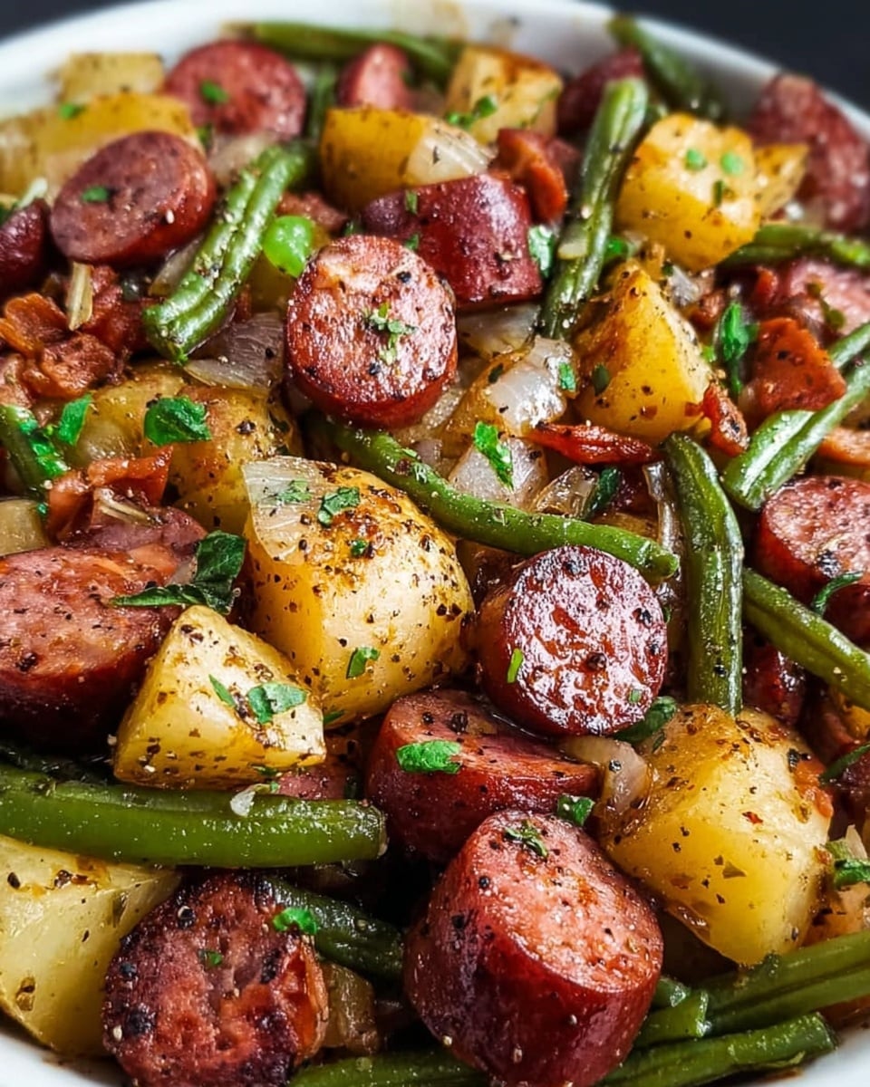 Sautéed Potatoes and Green Beans with Smoked Sausage Recipe - Recipe Image