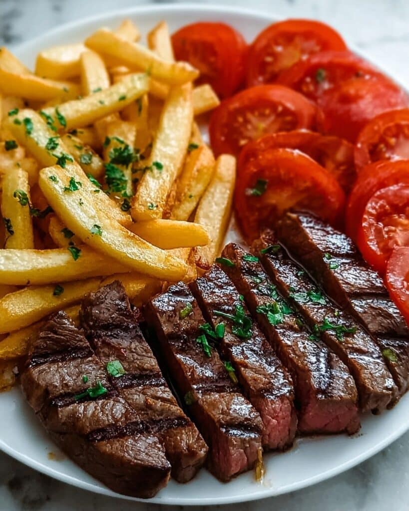 Grilled Steak with Tomato Salad and French Fries Recipe