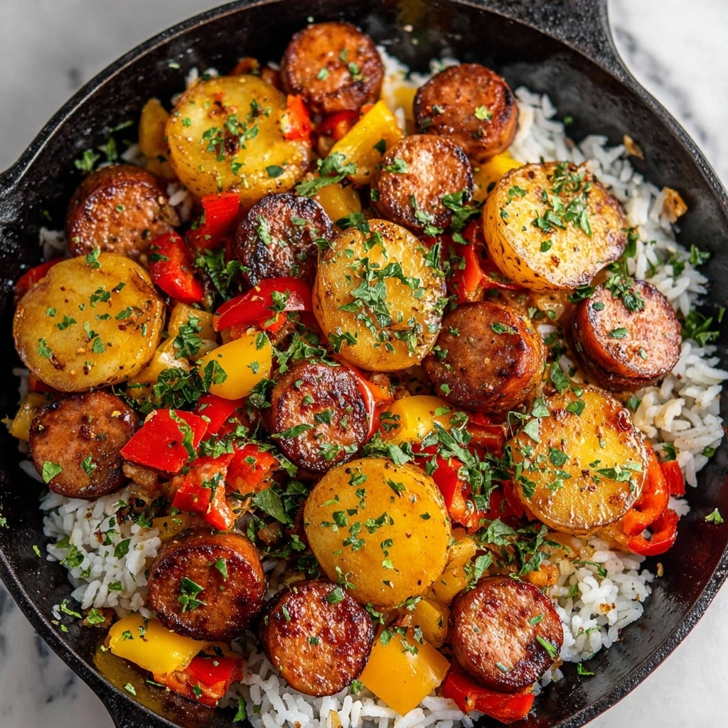 Summer Sausage Skillet with Andouille and Fresh Basil Cilantro Crema Recipe - Recipe Image