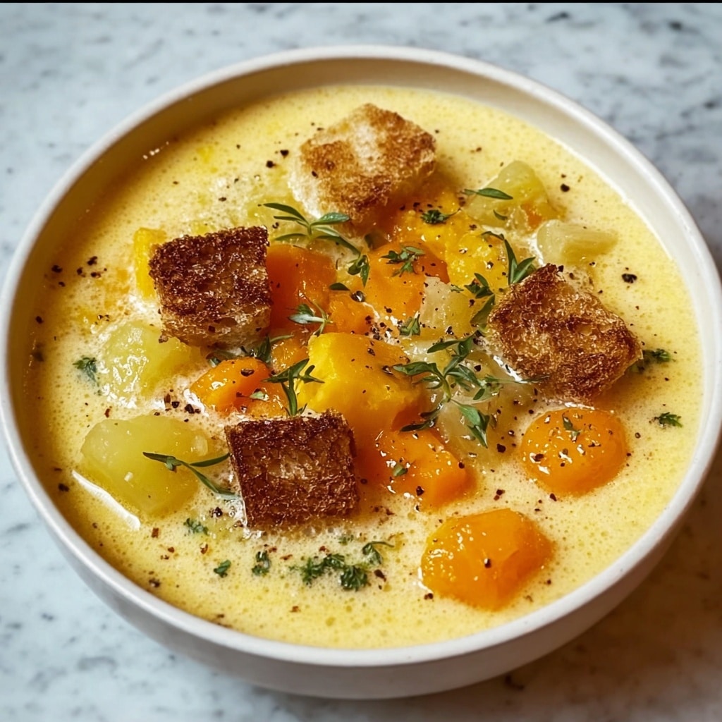 Creamy Vegetable Soup with Homemade Croutons Recipe - Recipe Image