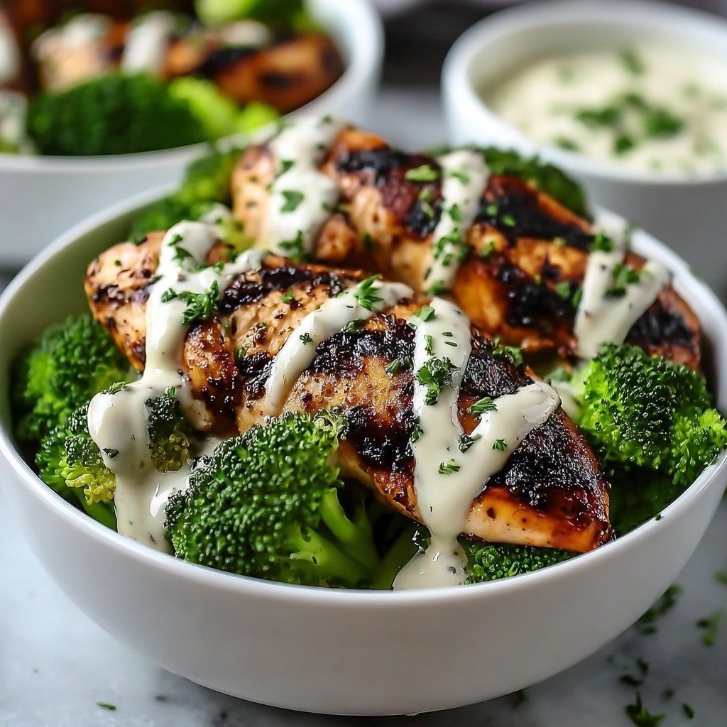 Grilled Chicken Broccoli Bowls with Creamy Garlic Sauce Recipe - Recipe Image