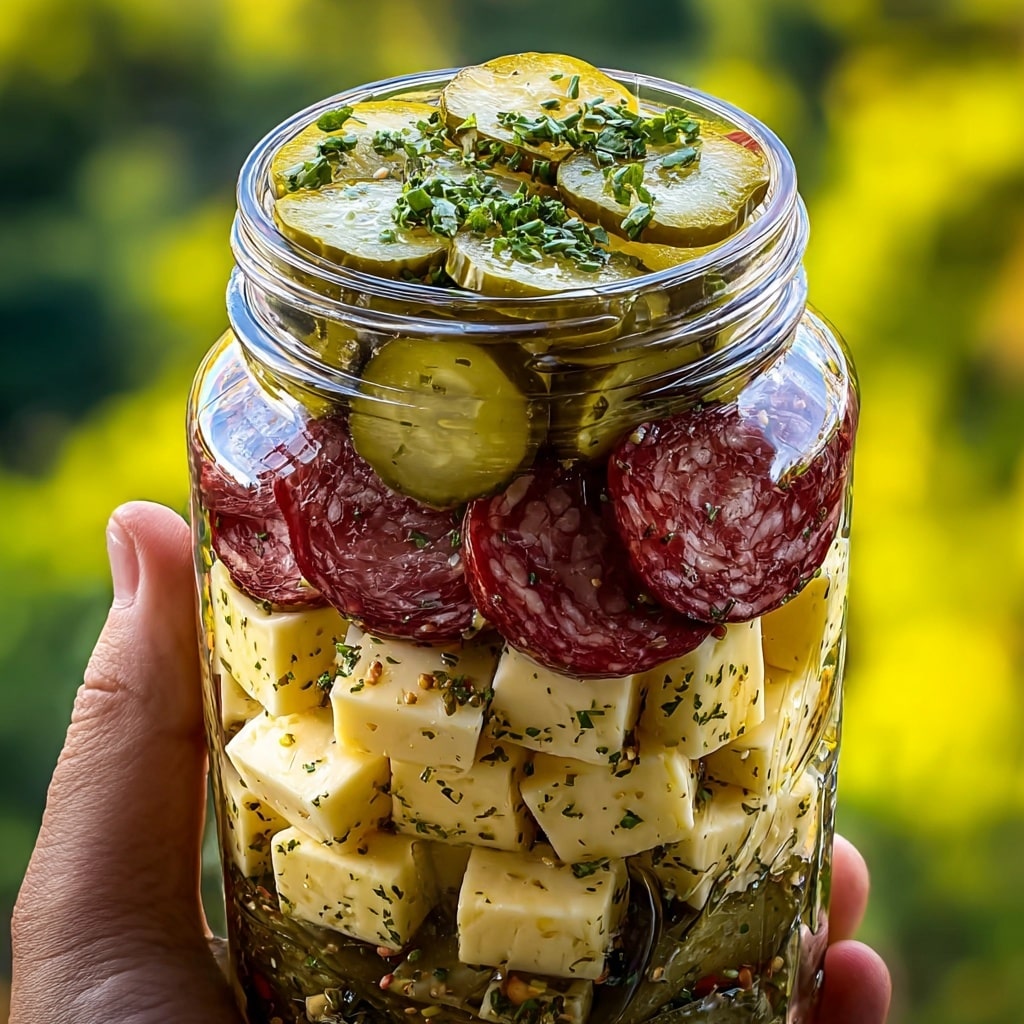 Easy Marinated Cheese Appetizer with Salami & Pickles Recipe - Recipe Image