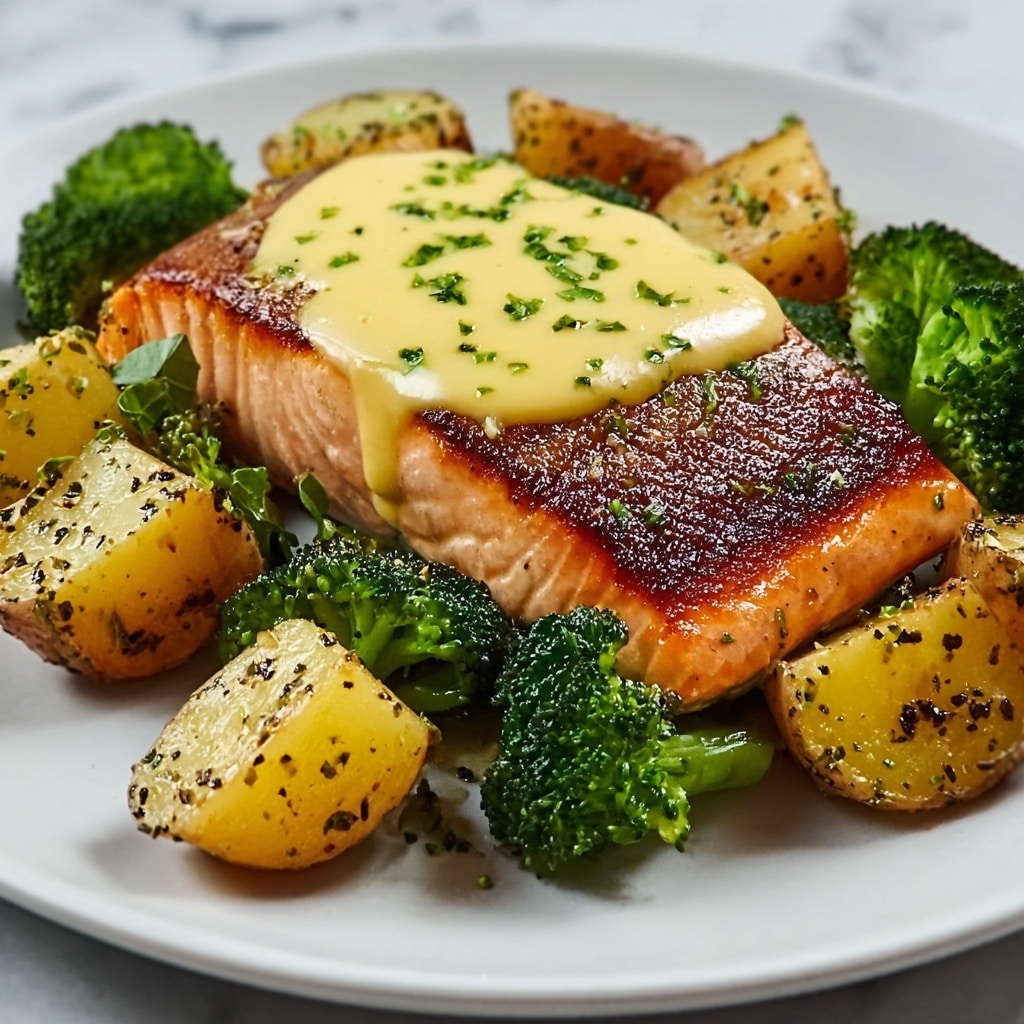 Lemon Butter Salmon with Crispy Potatoes and Roasted Broccoli Recipe - Recipe Image