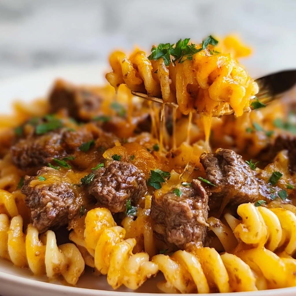 Cheesy Steak Bites and Rotini Pasta Recipe - Recipe Image