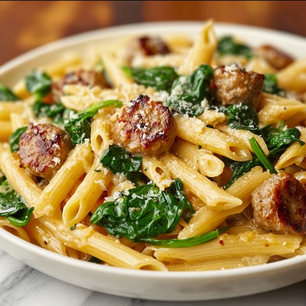 One-Pan Creamy Penne with Spinach and Italian Sausage Recipe - Recipe Image