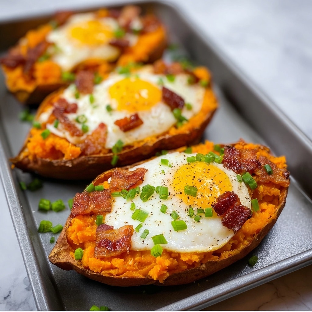Baked Sweet Potato Skins with Bacon, Cheddar, and Egg Recipe - Recipe Image