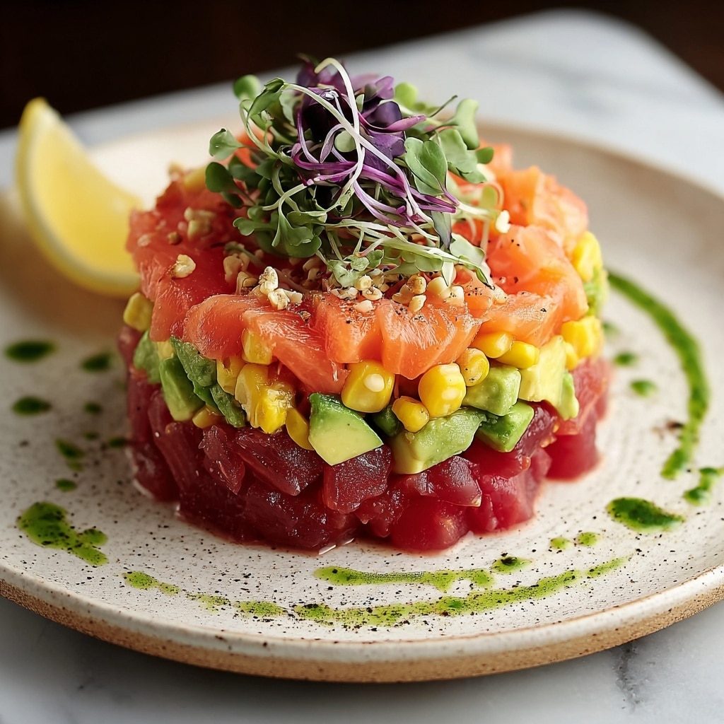 Salmon Tartare with Beetroot, Avocado, and Lemon Vinaigrette Recipe - Recipe Image