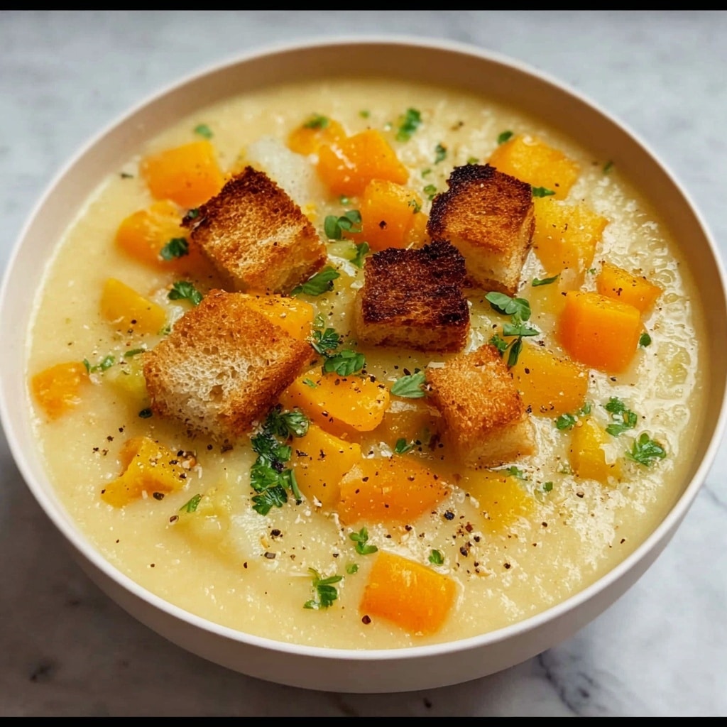 Creamy Vegetable Soup with Homemade Croutons Recipe - Recipe Image