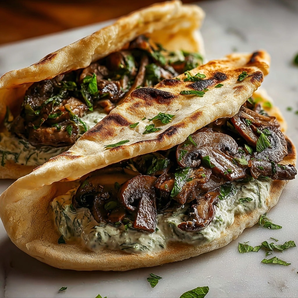 Cheesy Beef and Mushroom Pita Pockets with Tzatziki Sauce Recipe - Recipe Image