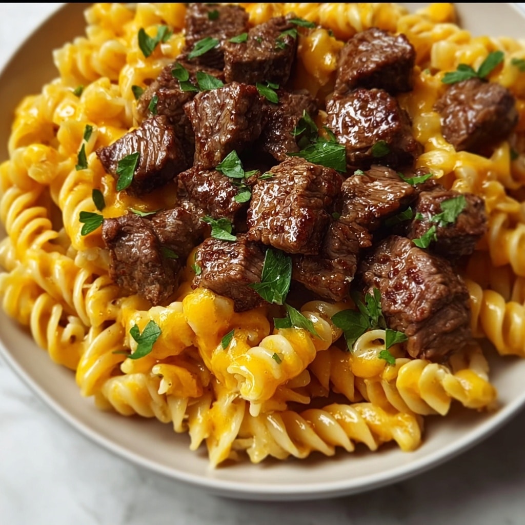 Cheesy Steak Bites and Rotini Pasta Recipe - Recipe Image