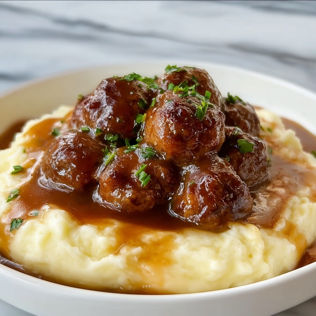 Irresistible Salisbury Meatballs & Mashed Potatoes Recipe - Recipe Image