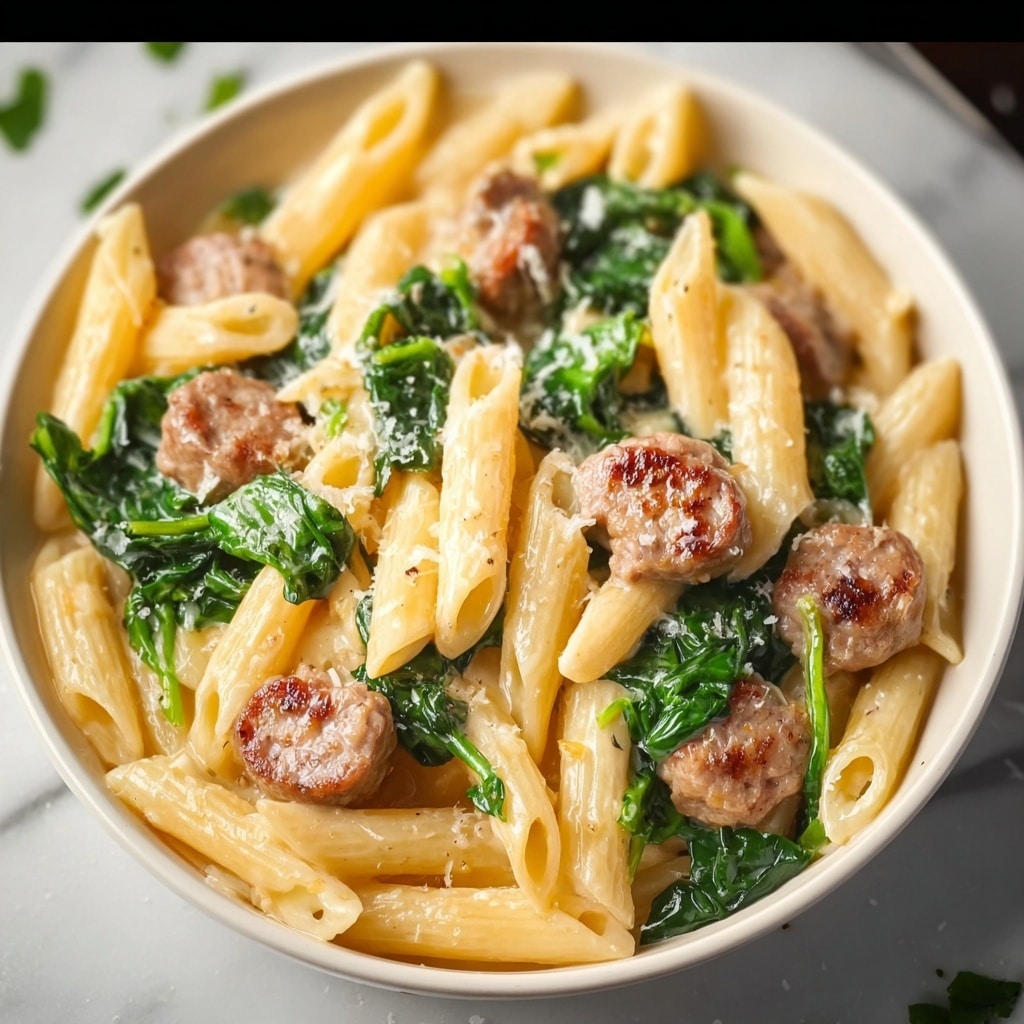 One-Pan Creamy Penne with Spinach and Italian Sausage Recipe - Recipe Image