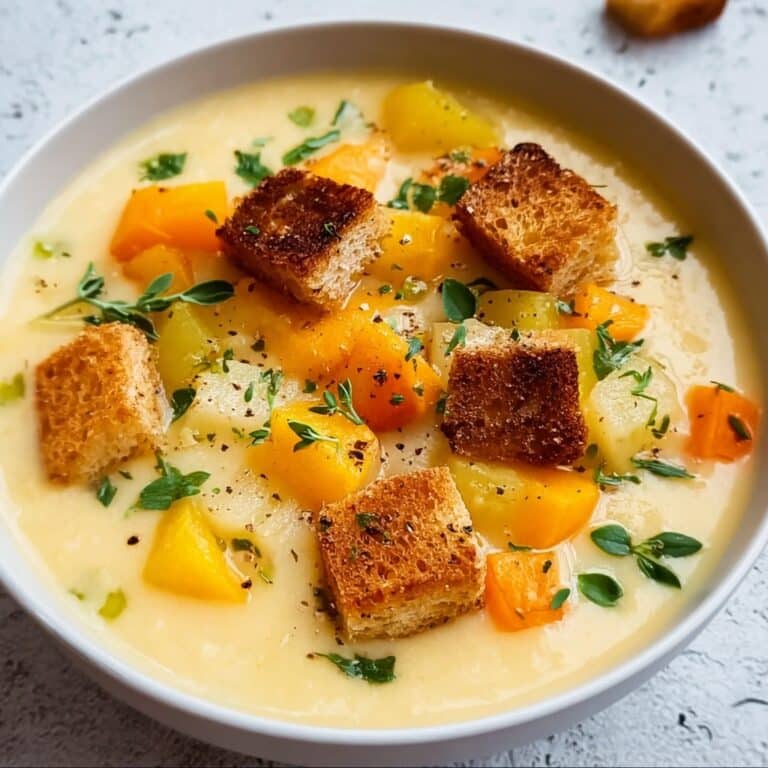 Creamy Vegetable Soup with Homemade Croutons Recipe