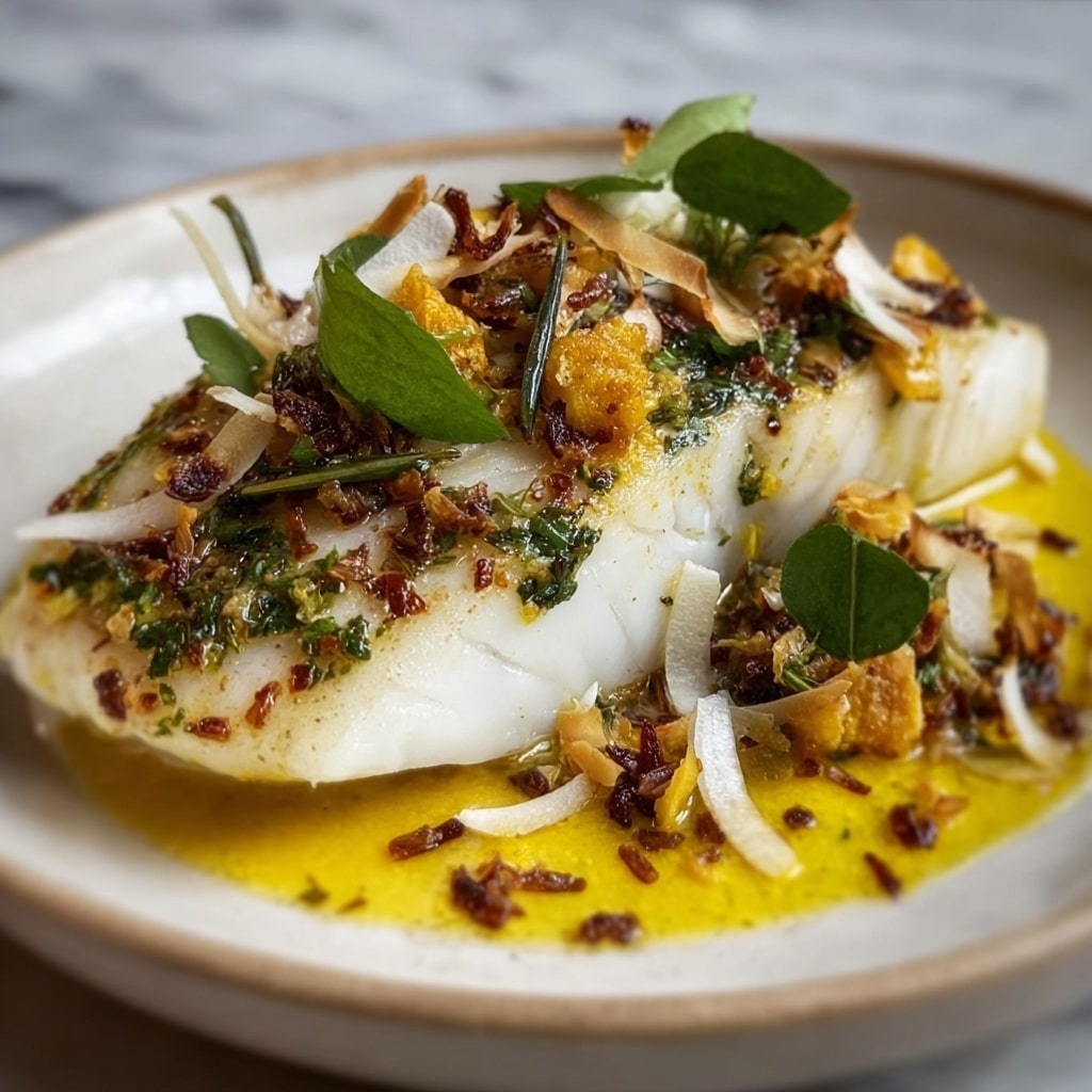 Herb-Crusted Sea Bass with Toasted Coconut and Tomato Dressing Recipe