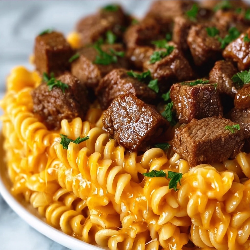 Cheesy Steak Bites and Rotini Pasta Recipe