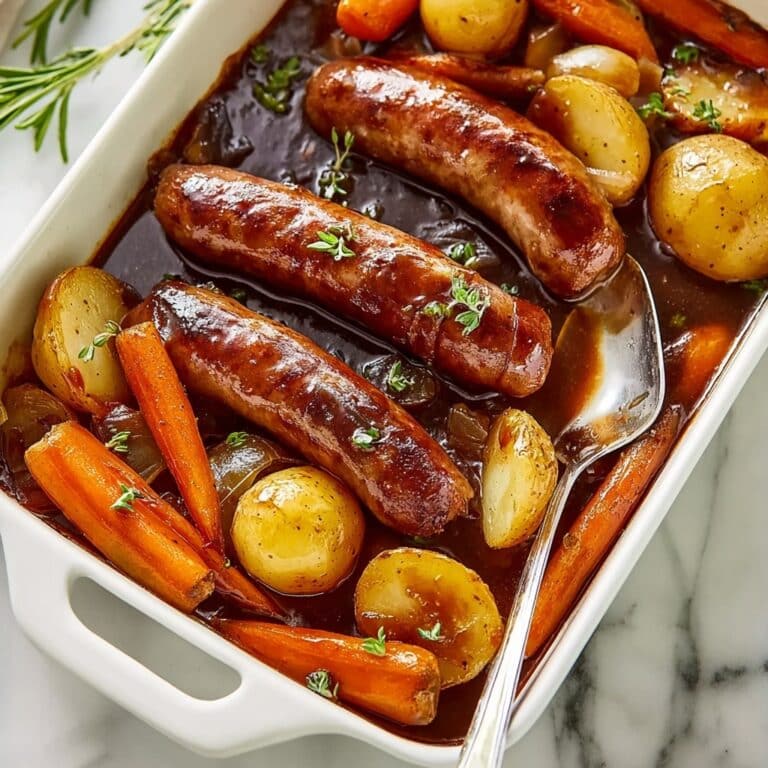 Oven Baked Sausages with Potatoes, Vegetables, and Gravy Recipe