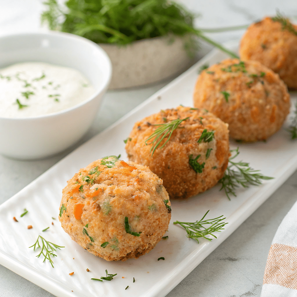 Salmon Croquettes with Lemon-Dijon Yogurt Dipping Sauce Recipe - Recipe Image