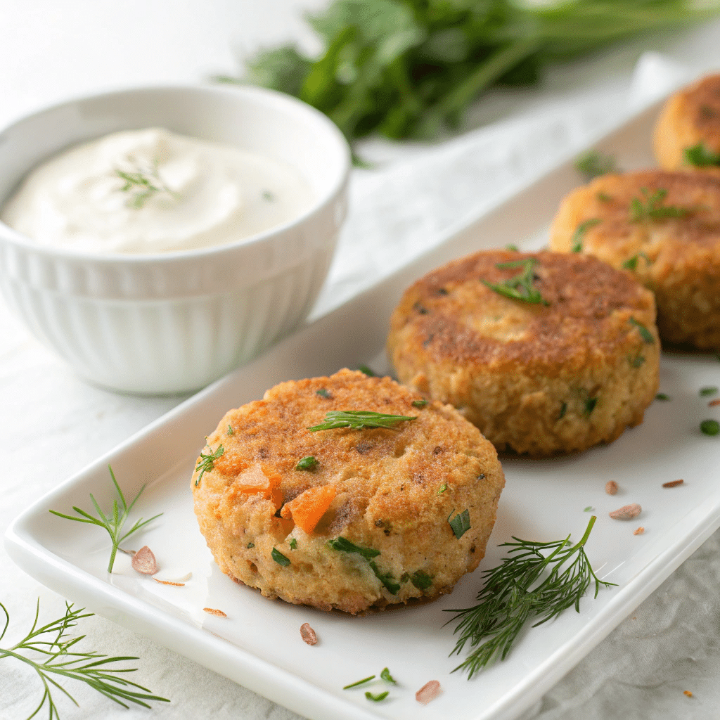 Salmon Croquettes with Lemon-Dijon Yogurt Dipping Sauce Recipe - Recipe Image
