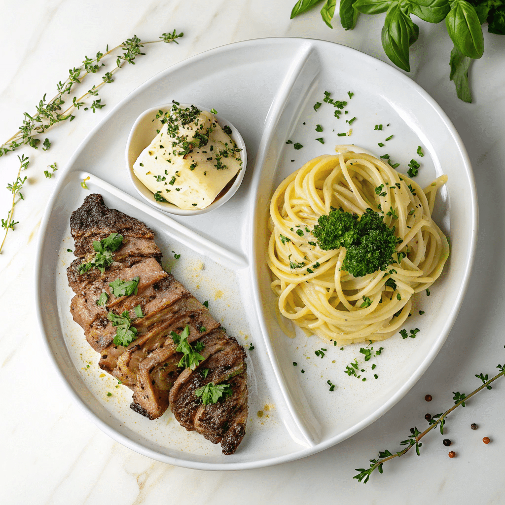 Garlic Butter Steak Bites with Cheesy Alfredo Twists Recipe - Recipe Image