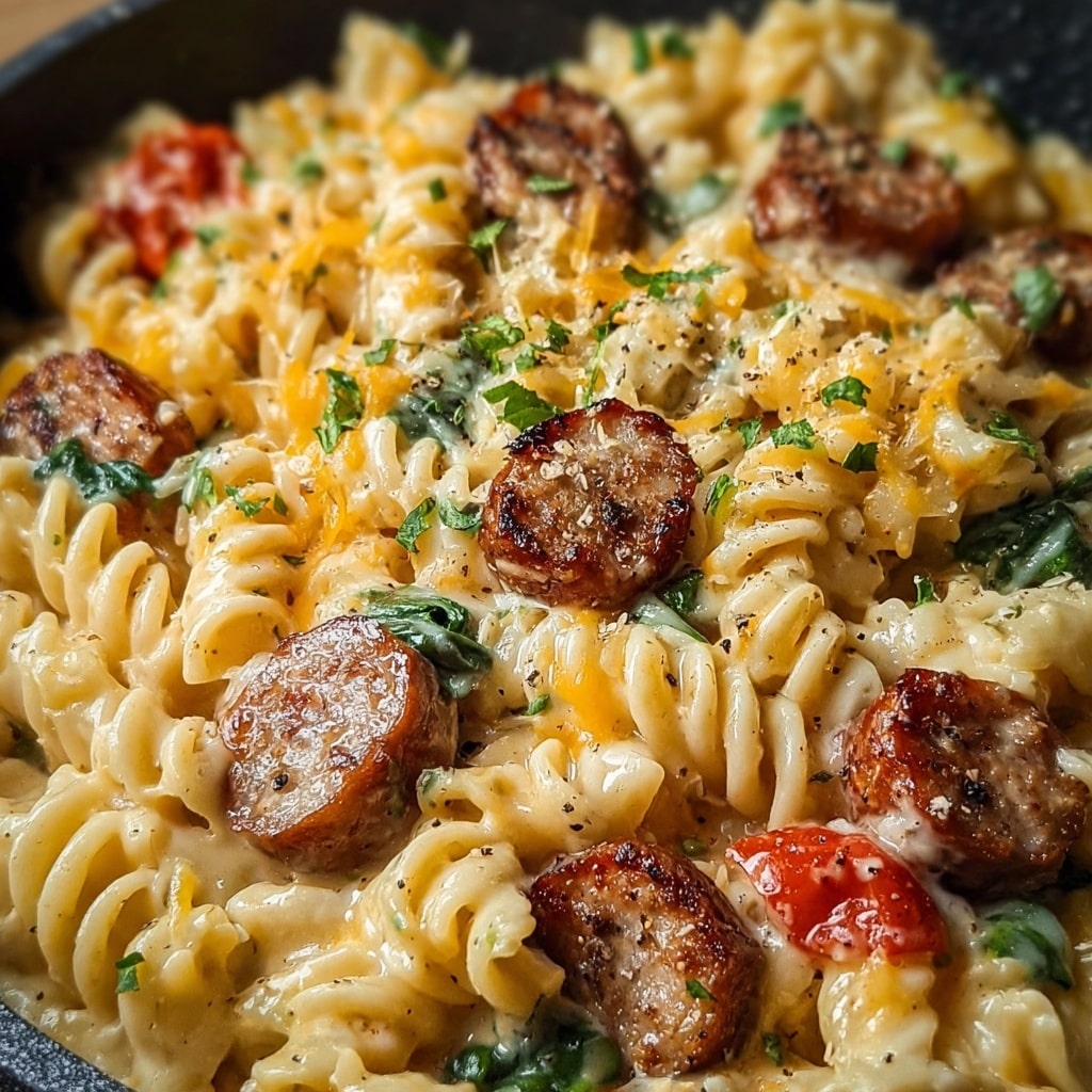 Cheddar Ranch Pasta With Smoked Sausage and Spinach Recipe - Recipe Image