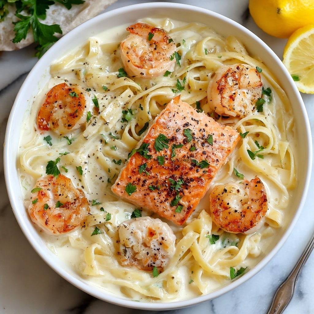 Salmon and Shrimp Alfredo Recipe - Recipe Image