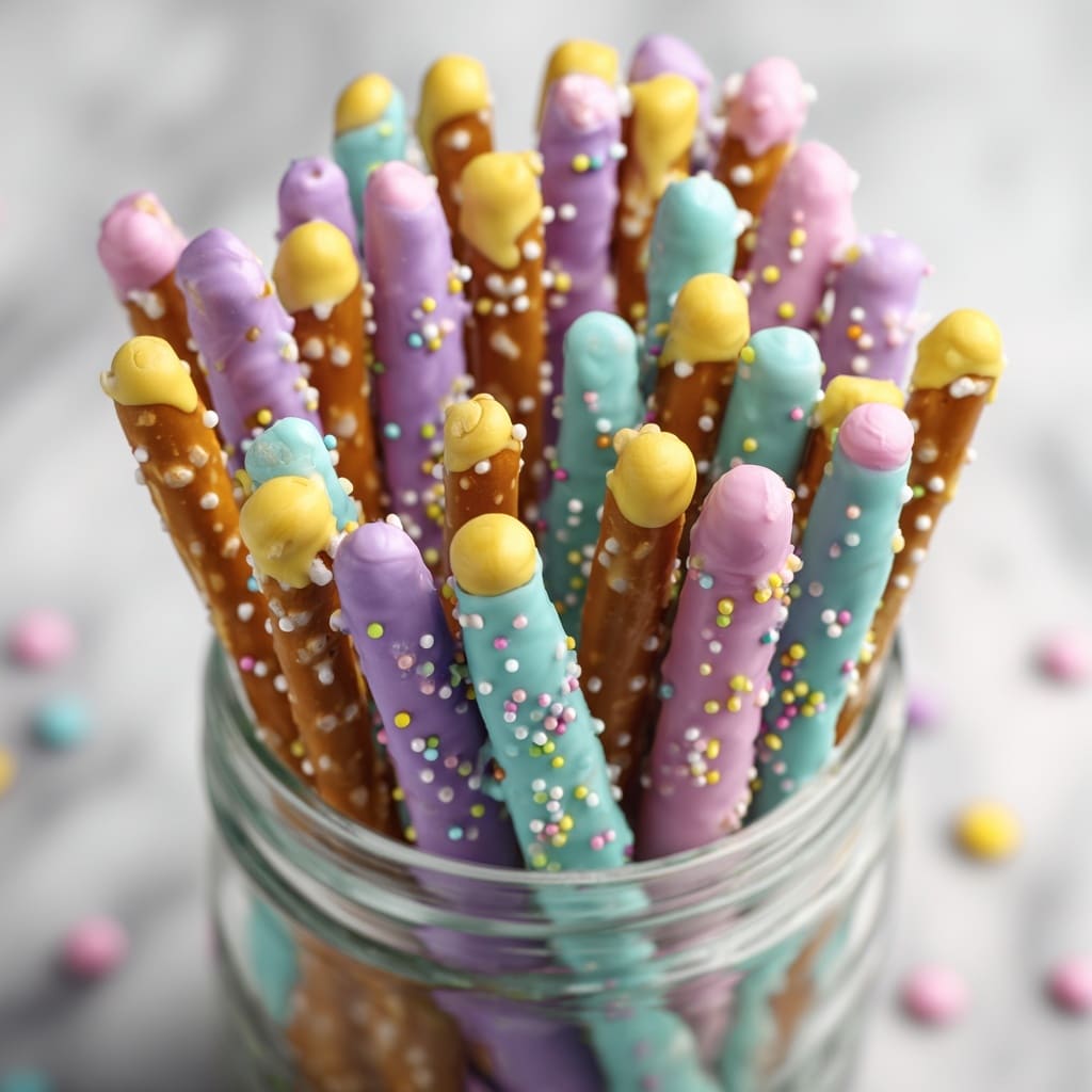 Easter Pretzel Rods with White Chocolate, M&Ms, and Colorful Candy Melt Drizzle Recipe - Recipe Image