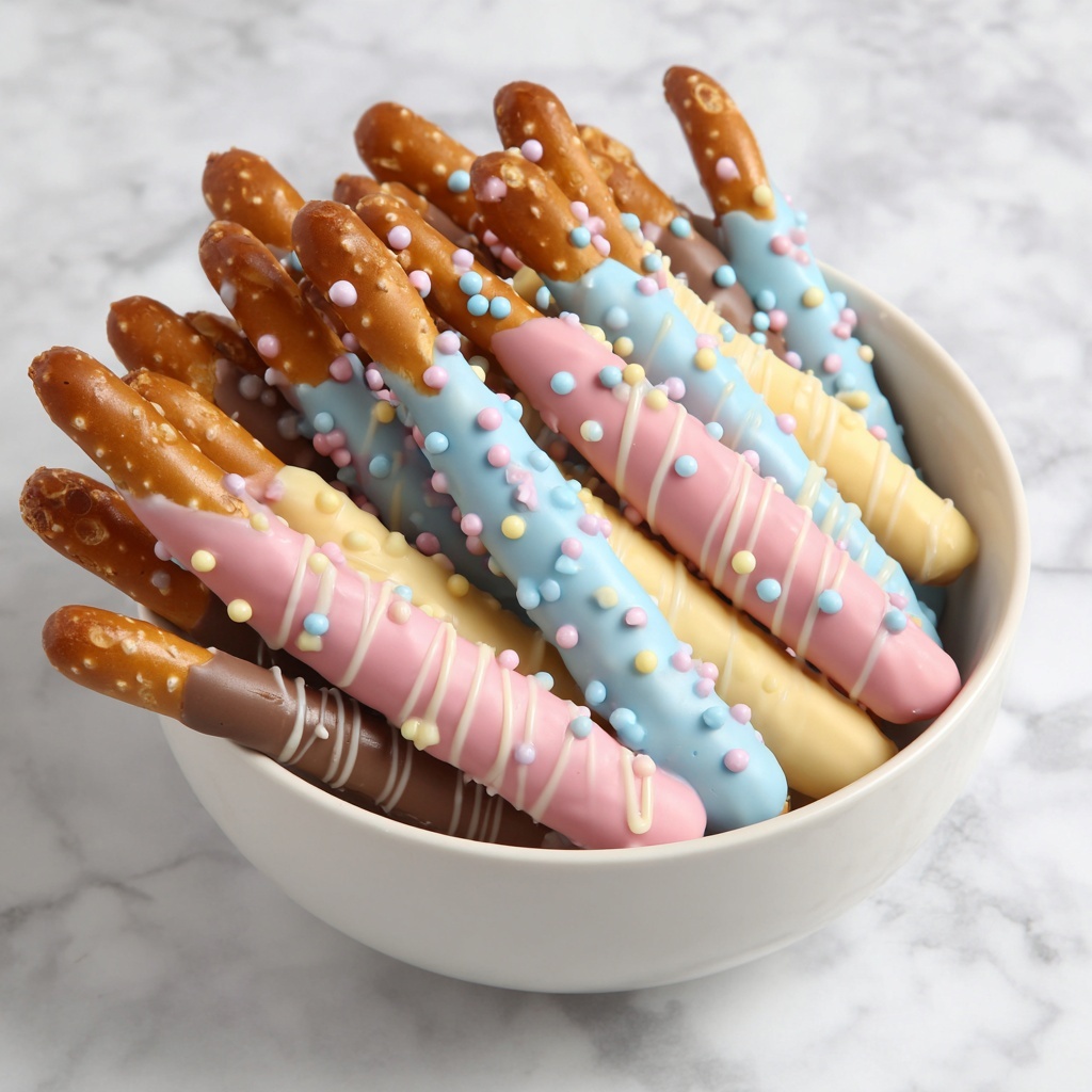 Easter Pretzel Rods with White Chocolate, Candy Melts, and Pastel M&M Candies Recipe - Recipe Image