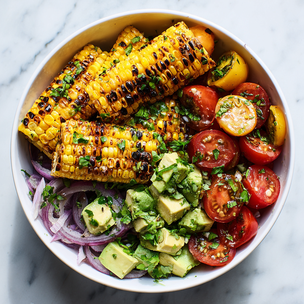 Grilled Corn Steak Salad with Cherry Tomatoes, Avocado, and Cilantro Recipe - Recipe Image