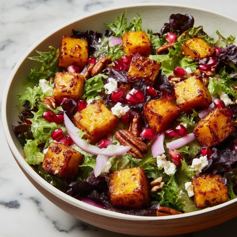 Autumn Harvest Salad with Roasted Butternut Squash, Pomegranate Seeds, and Candied Pecans Recipe