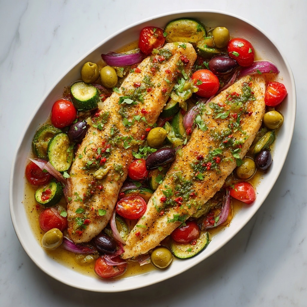 Mediterranean Baked Fish with Cherry Tomatoes, Olives, and Herbs Recipe - Recipe Image
