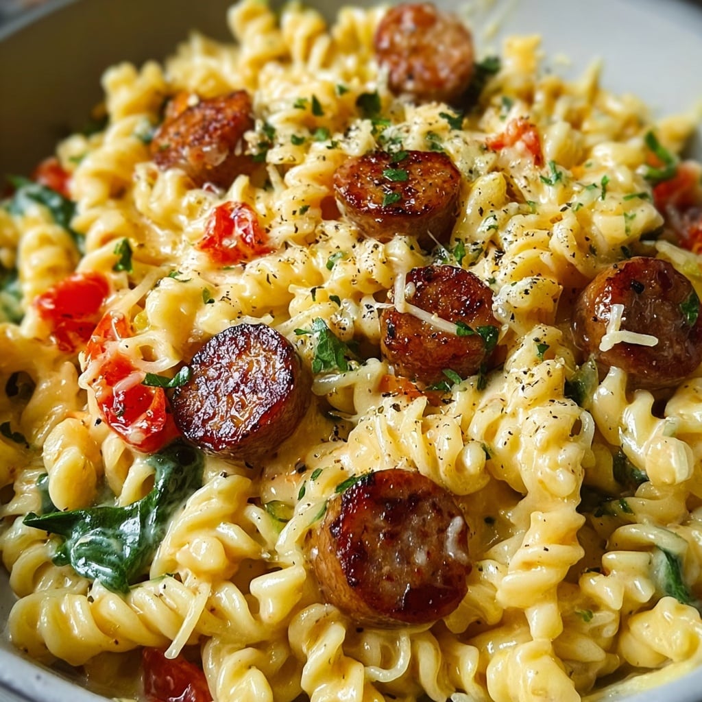 Cheddar Ranch Pasta With Smoked Sausage and Spinach Recipe - Recipe Image
