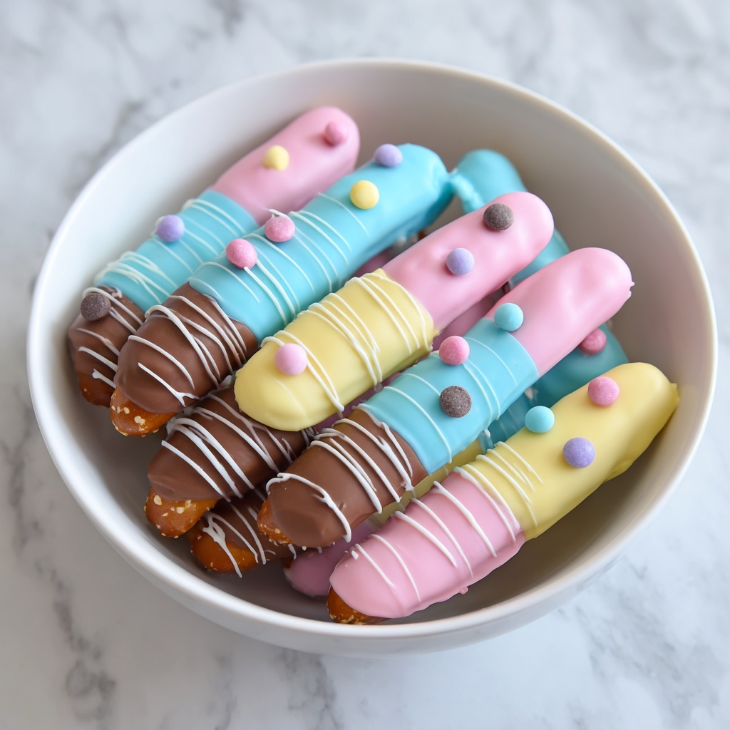 Easter Pretzel Rods with White Chocolate, Candy Melts, and Pastel M&M Candies Recipe - Recipe Image