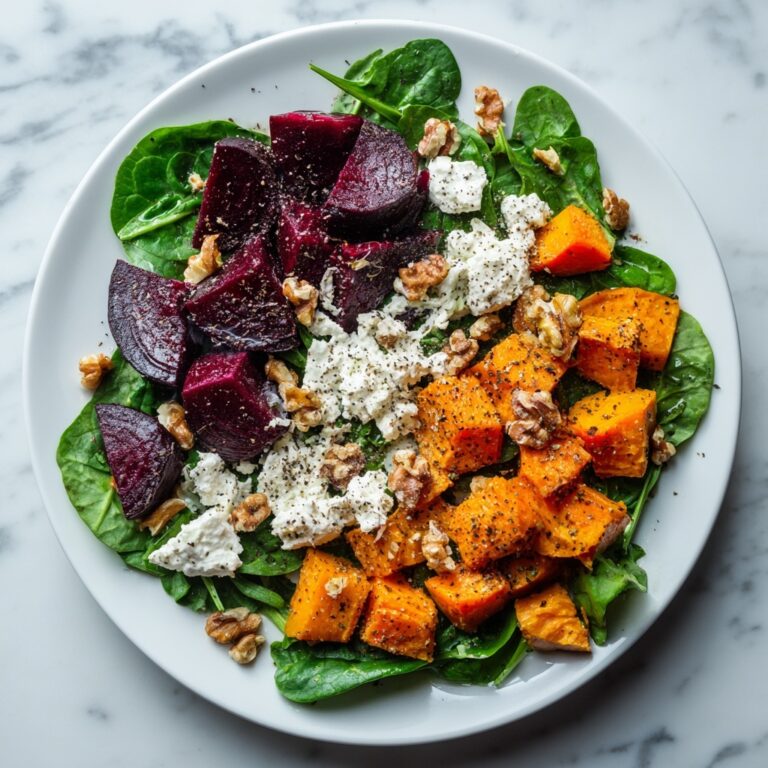 Creamy Roasted Beet Salad with Sweet Potato, Feta, and Walnut Dressing Recipe