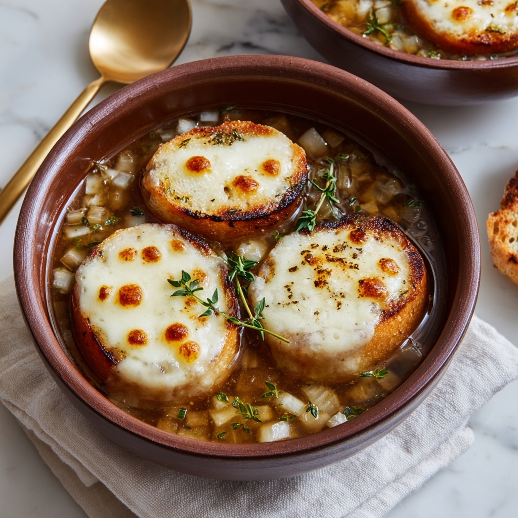 Vegan French Onion Soup with Caramelized Onions and Toasted Baguette Recipe - Recipe Image