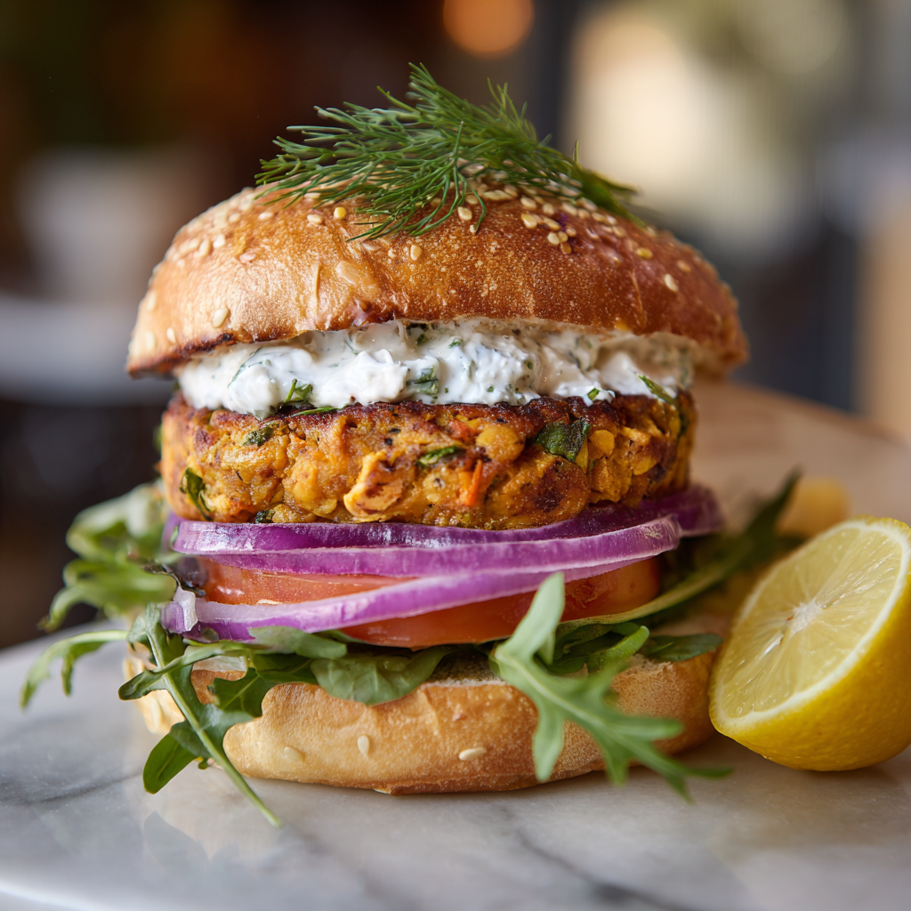 Salmon Burgers with Tzatziki and Fresh Veggies Recipe - Recipe Image