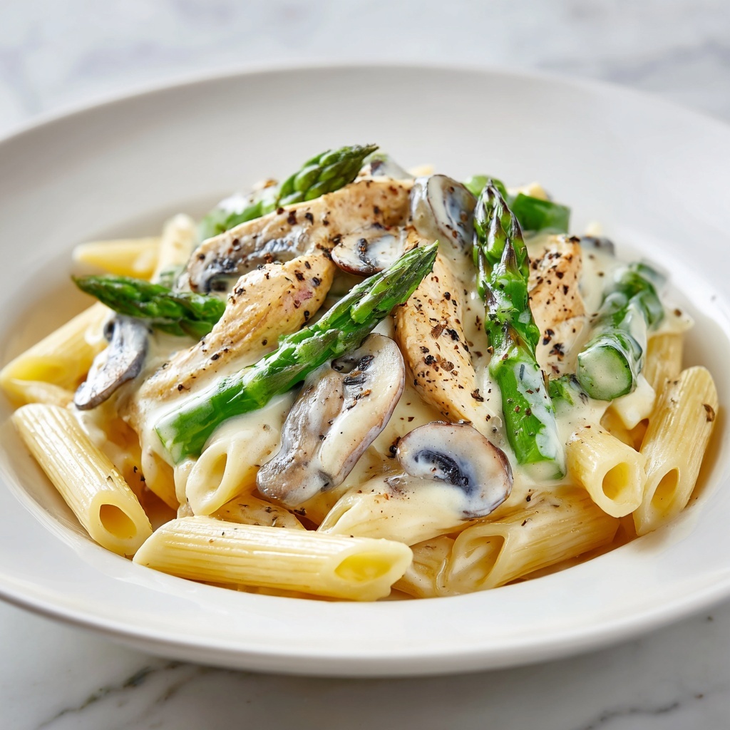 Creamy Mushroom and Asparagus Chicken Penne Recipe - Recipe Image