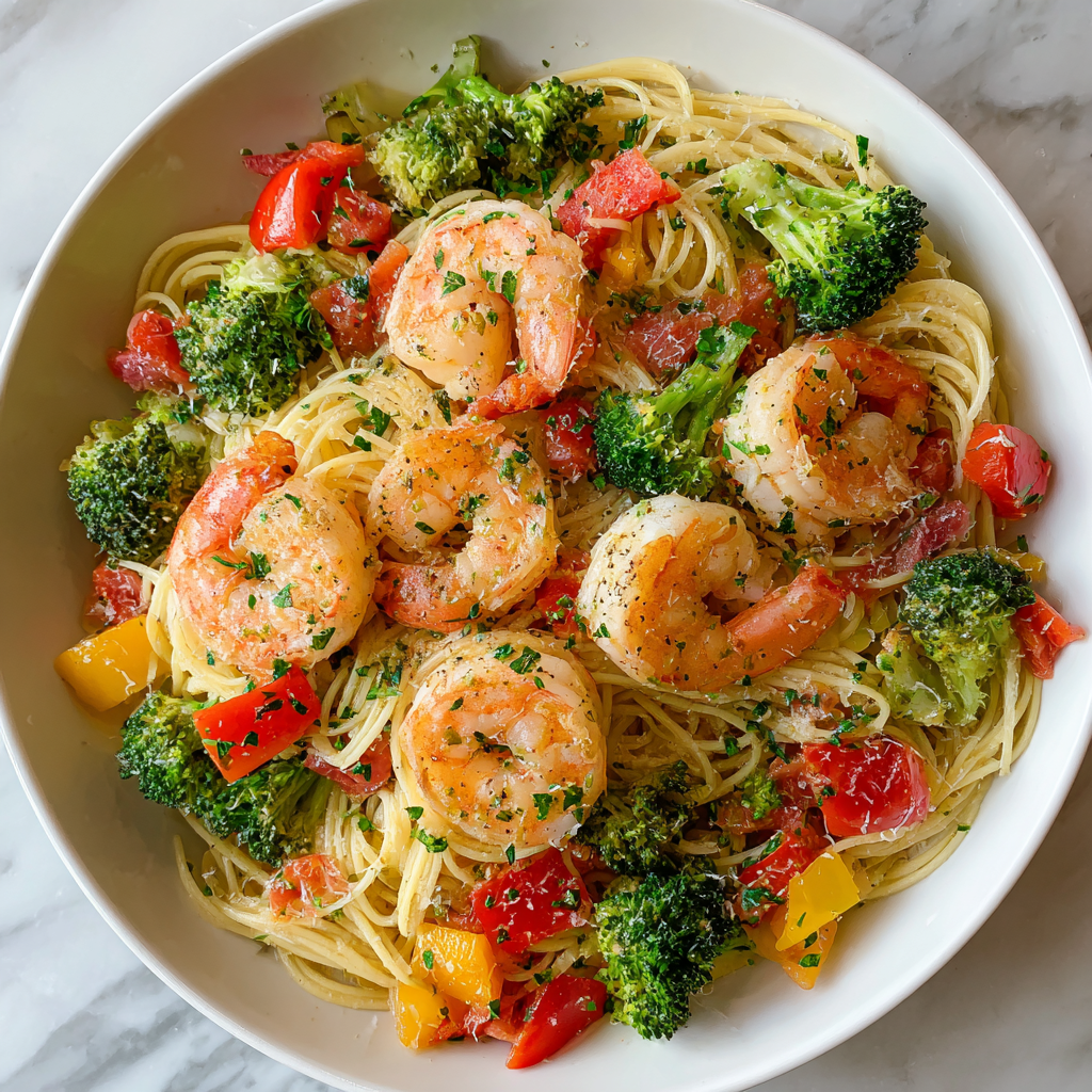 Spicy Shrimp Pasta with Broccoli and Bell Peppers Recipe - Recipe Image