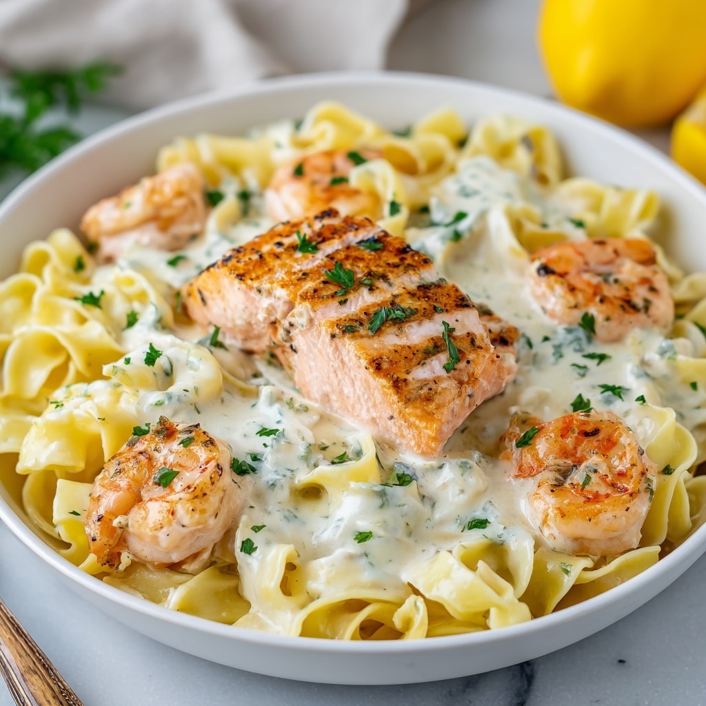 Salmon and Shrimp Alfredo Recipe - Recipe Image
