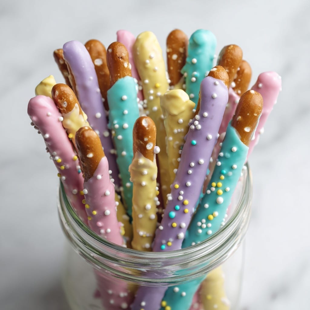 Easter Pretzel Rods with White Chocolate, M&Ms, and Colorful Candy Melt Drizzle Recipe - Recipe Image