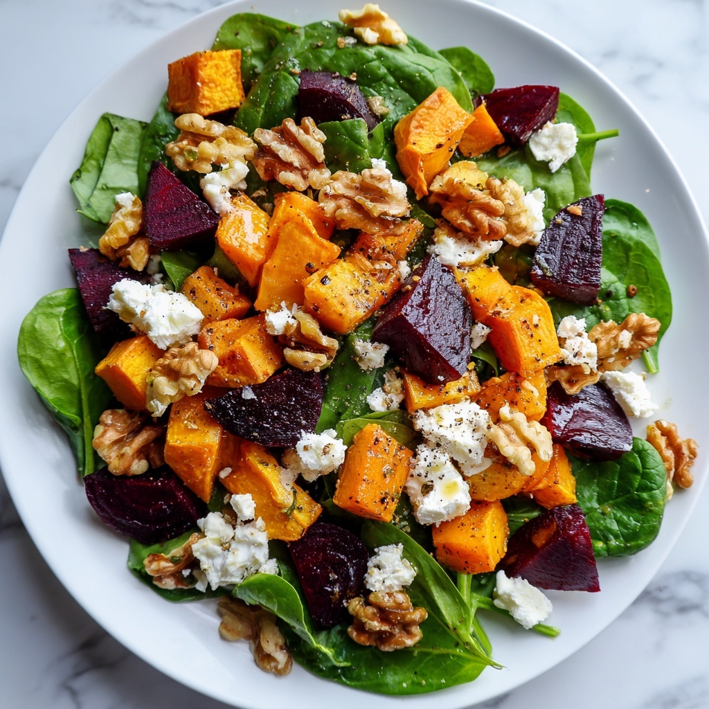Creamy Roasted Beet Salad with Sweet Potato, Feta, and Walnut Dressing Recipe - Recipe Image