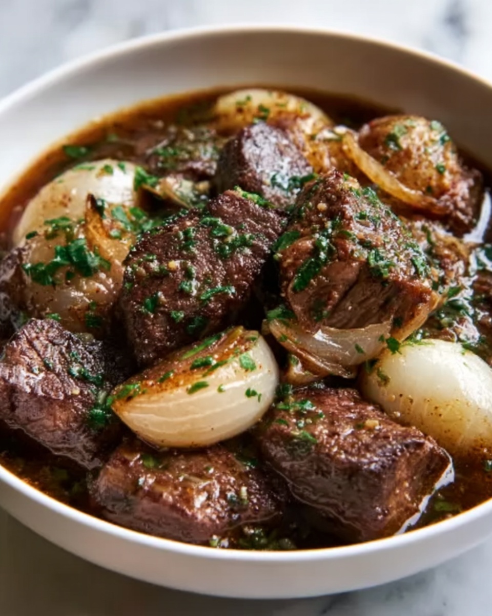 French Onion and Beef Skillet Dinner with Potatoes and Brussels Sprouts Recipe - Recipe Image