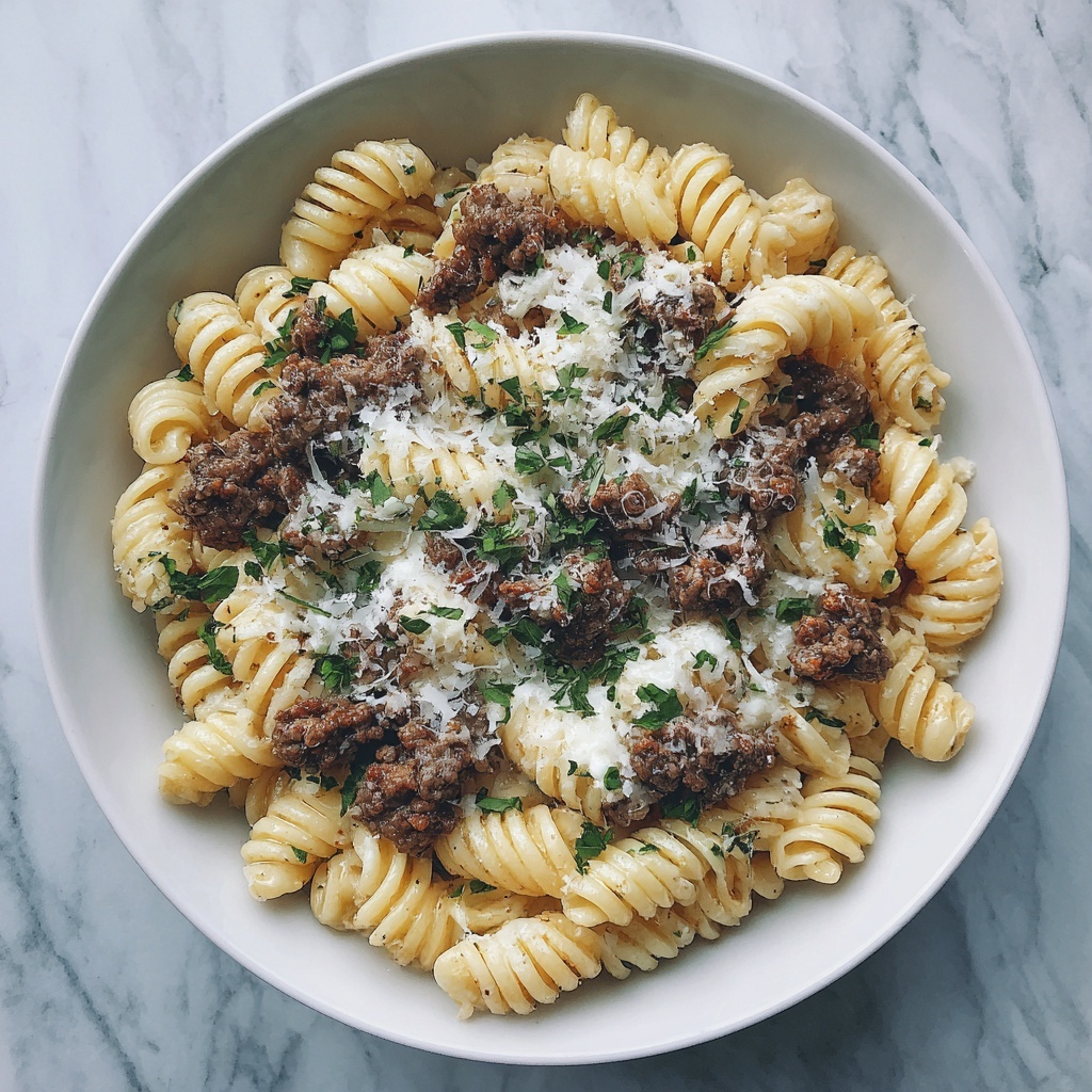 Beef and Rotini in Garlic Parmesan Sauce Recipe - Recipe Image