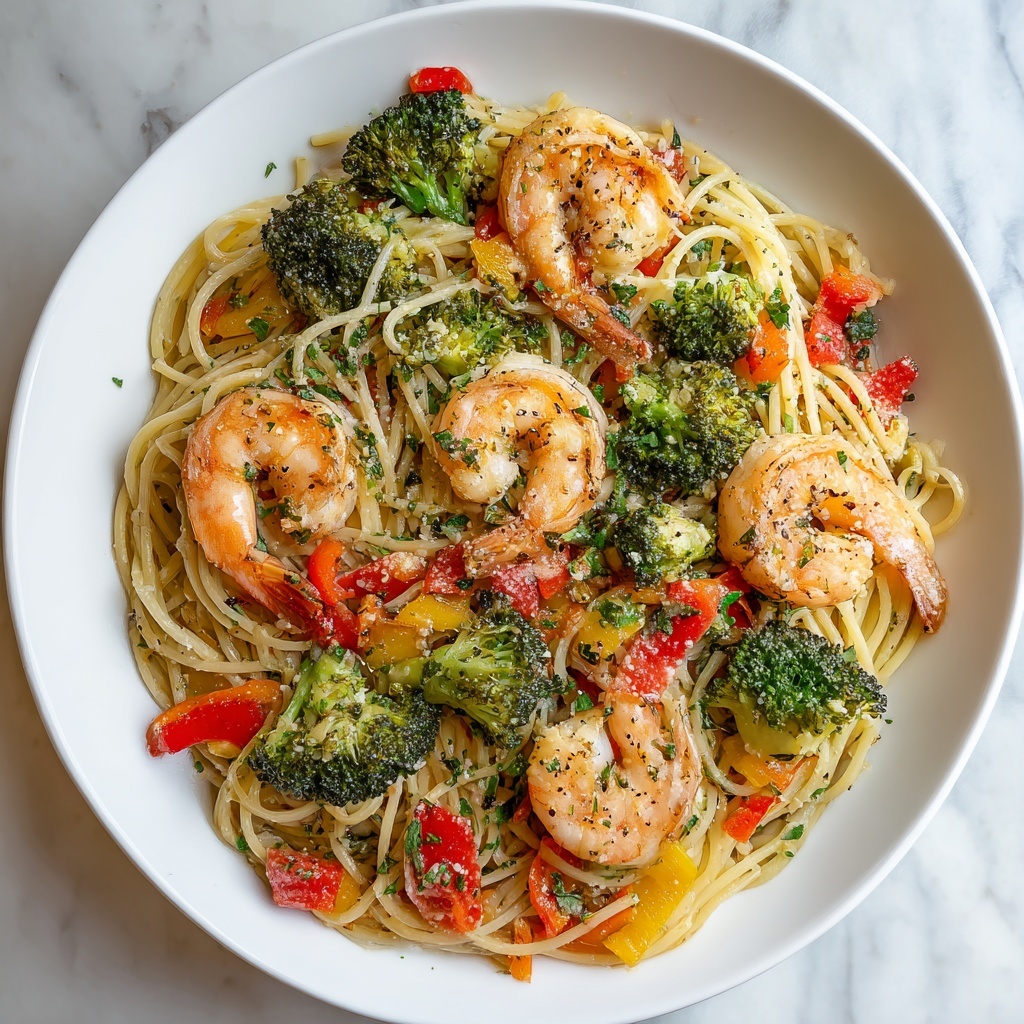 Spicy Shrimp Pasta with Broccoli and Bell Peppers Recipe - Recipe Image