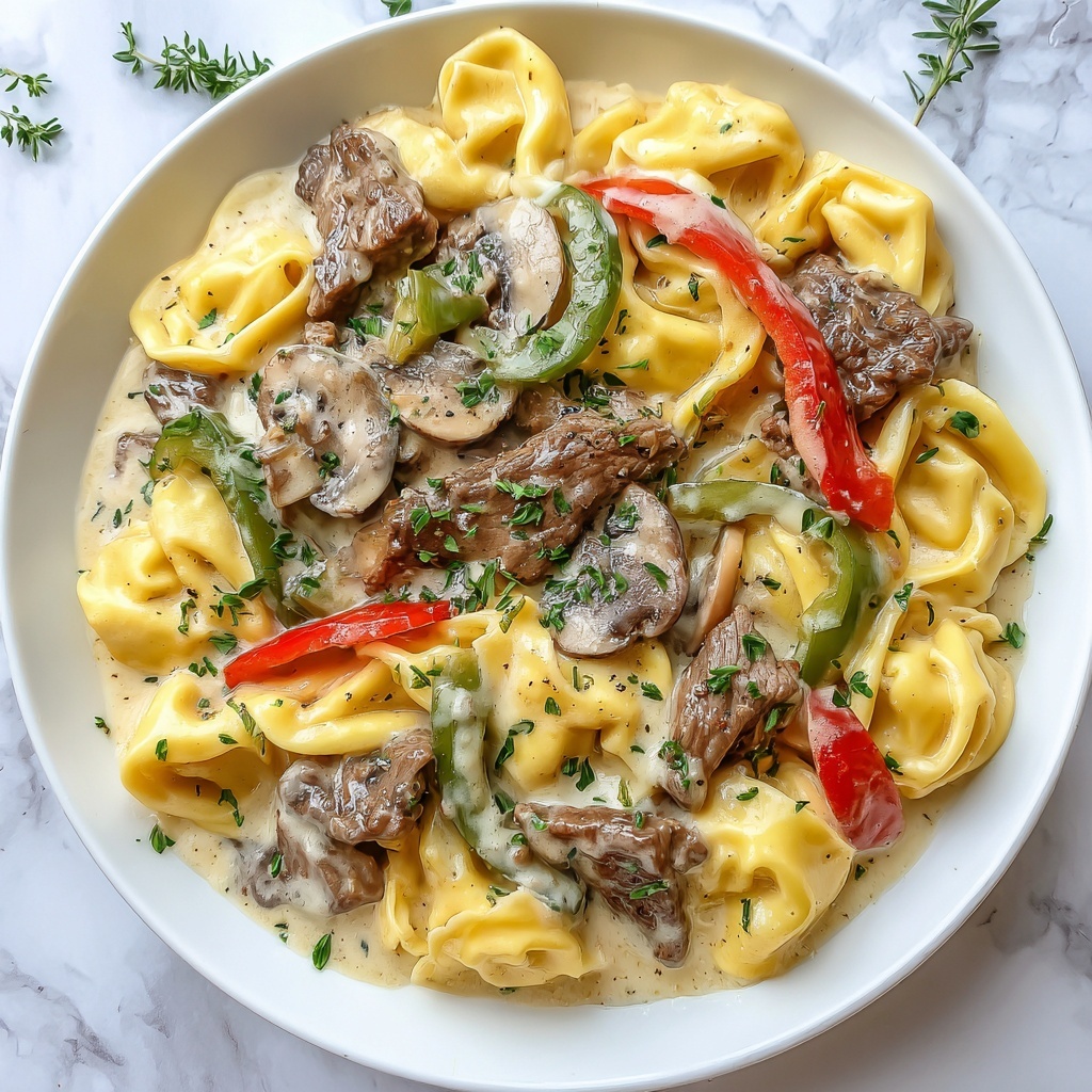 Savory Cheesesteak Tortellini in Creamy Provolone Sauce Recipe - Recipe Image