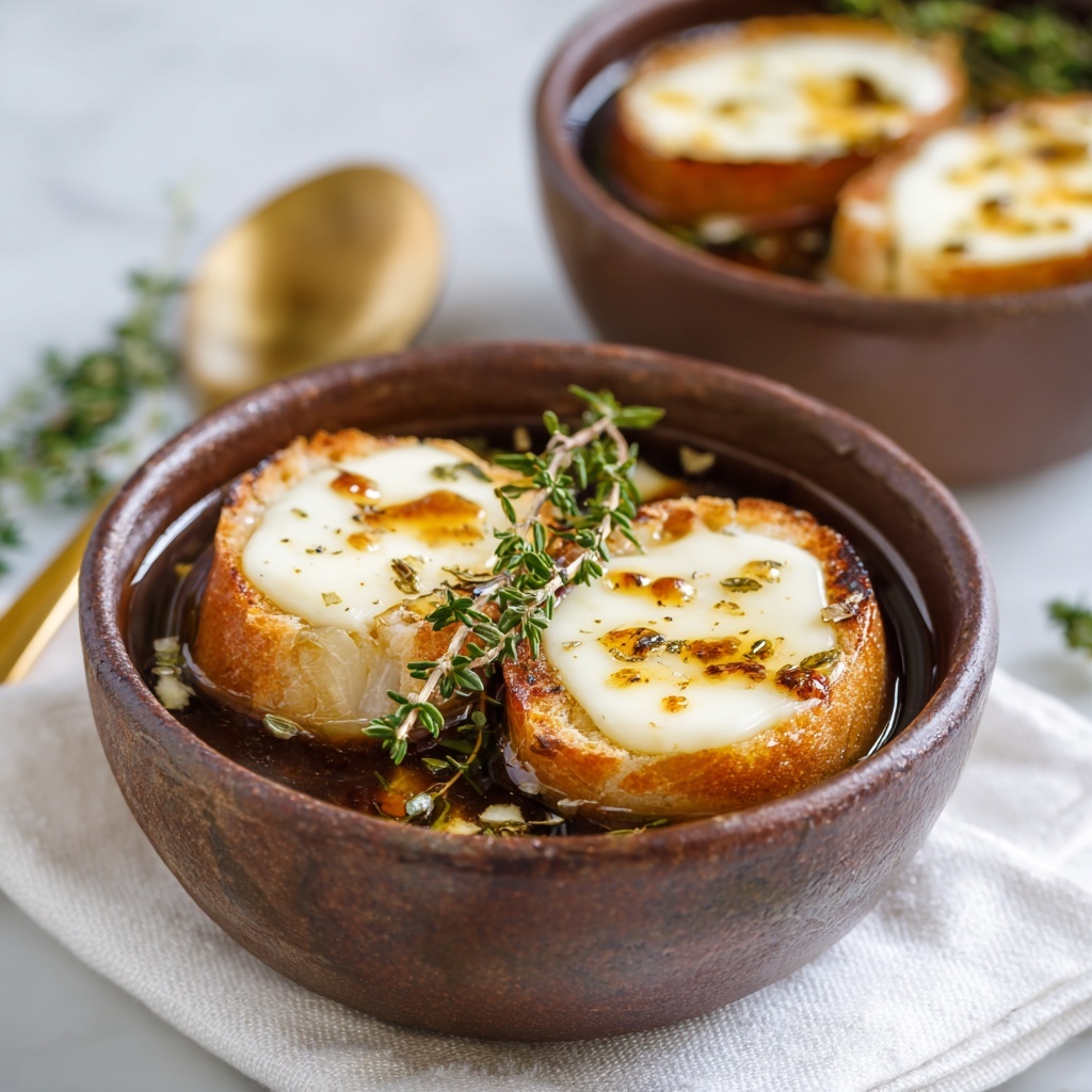 Vegan French Onion Soup with Caramelized Onions and Toasted Baguette Recipe - Recipe Image