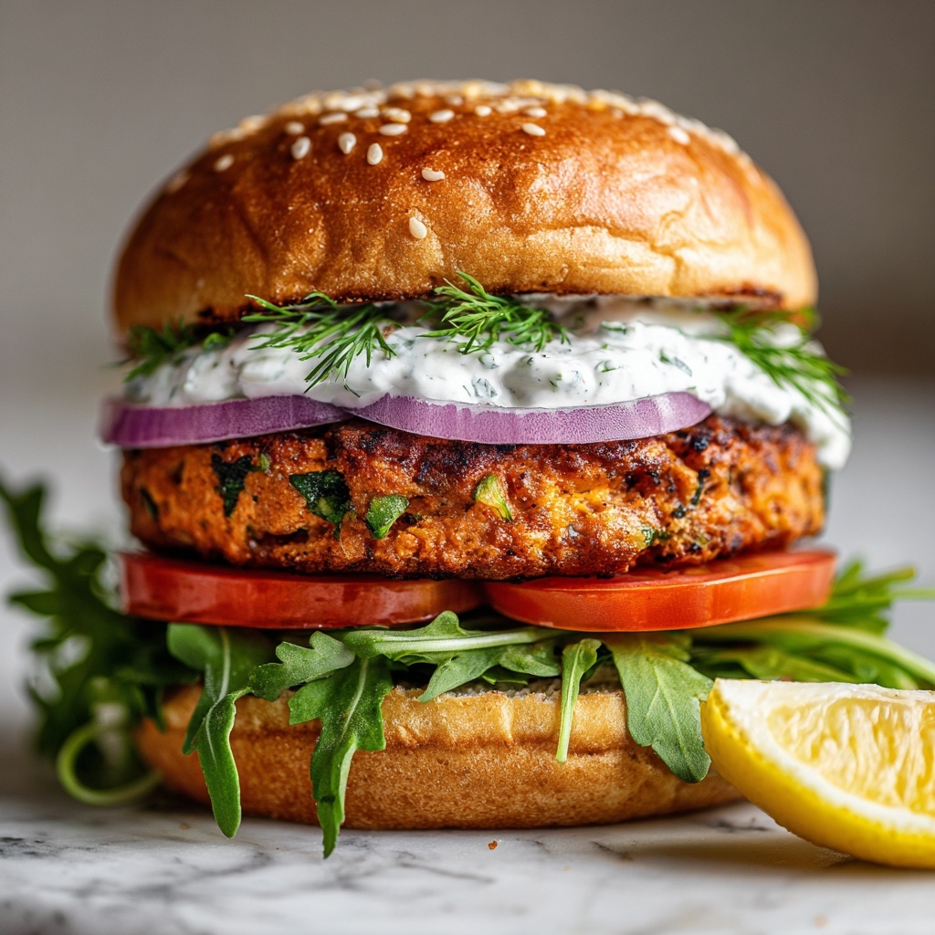 Salmon Burgers with Tzatziki and Fresh Veggies Recipe - Recipe Image