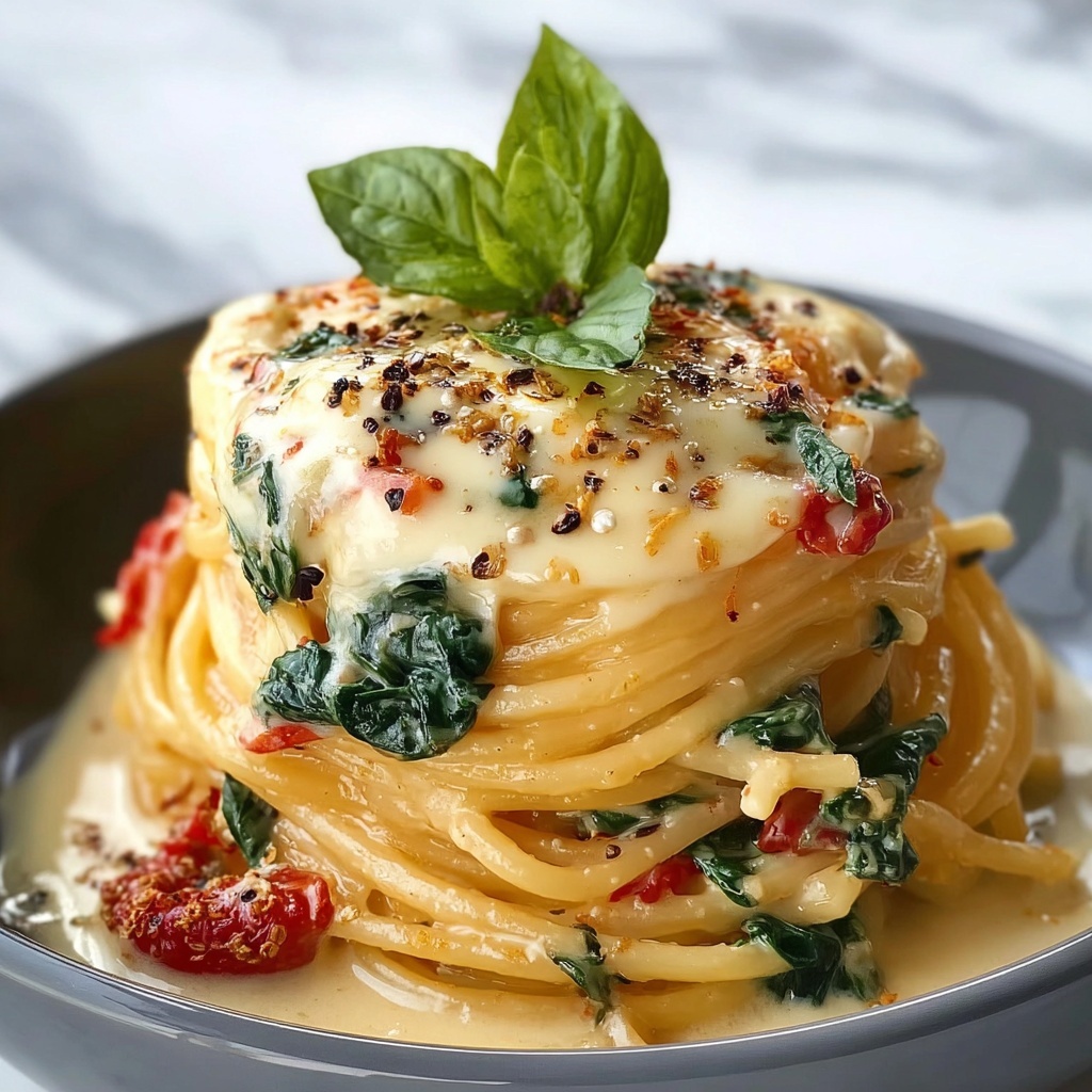 Spaghetti & Spinach with Sun-Dried Tomato Cream Sauce Recipe - Recipe Image