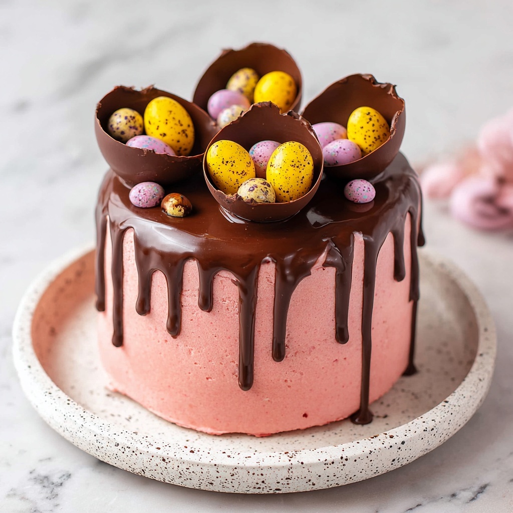 Vegan Easter Egg Cake with Strawberry Italian Meringue Buttercream and Chocolate Ganache Drip Recipe - Recipe Image