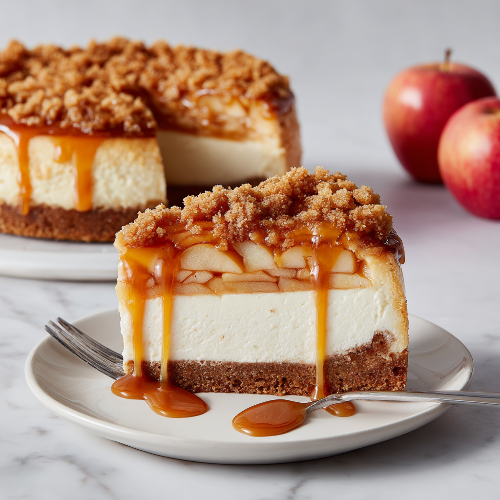Apple Crisp Cheesecake with Caramel Drizzle Recipe - Recipe Image